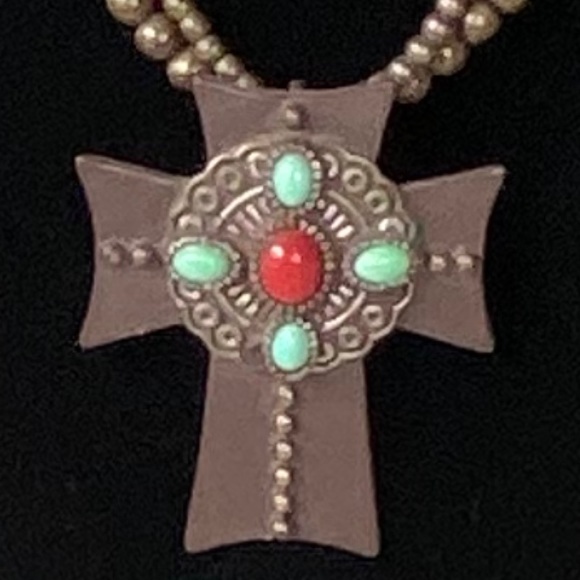 Bohemian Style Double Beaded Cross Turquoise Pendant Necklace - Picture 2 of 5